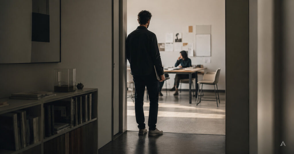 Persona ferma sulla soglia di una sala di lavoro mentre osserva un confronto ancora aperto su una possibile direzione d’impresa.